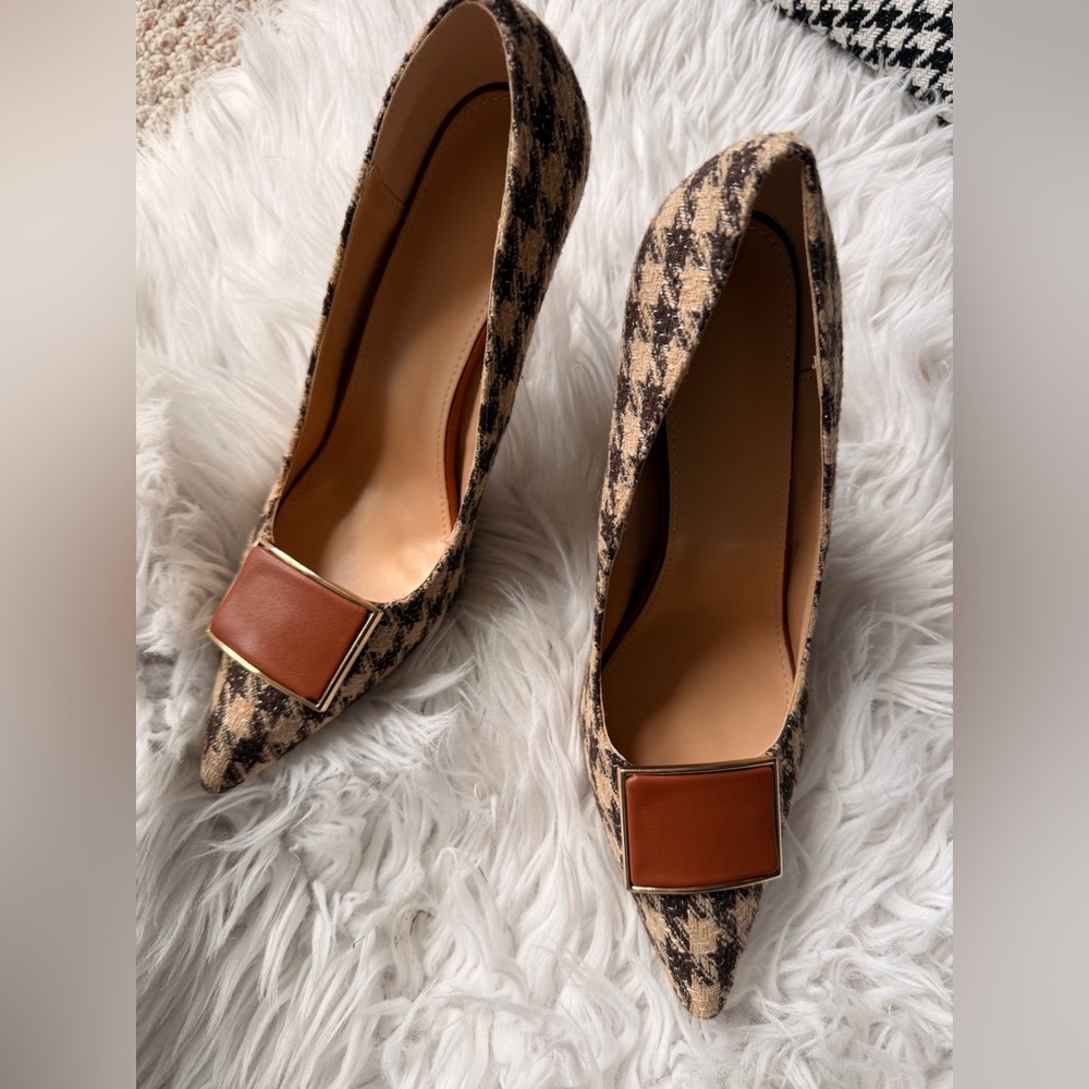 Pointed Toe Brown Houndstooth Heels  with Buckle Detail - Women